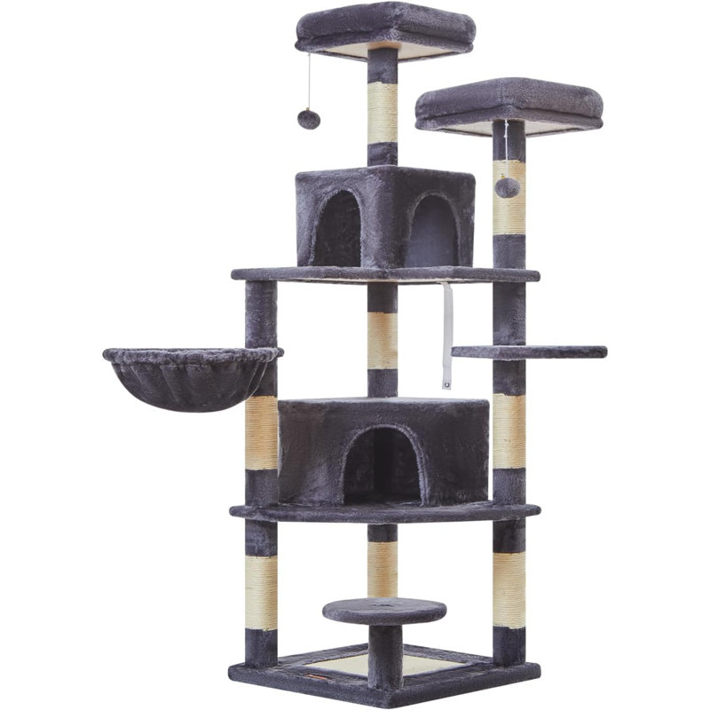 Tucker Murphy Pet Cat Tree 60.6 Inch Cat Tower For Indoor Cats Large Adult Multi Level Cat Condo With 8 Cat Scratching Posts 2 Perches 2 Big Caves Hammock 2 Pompoms MS024M Wayfair